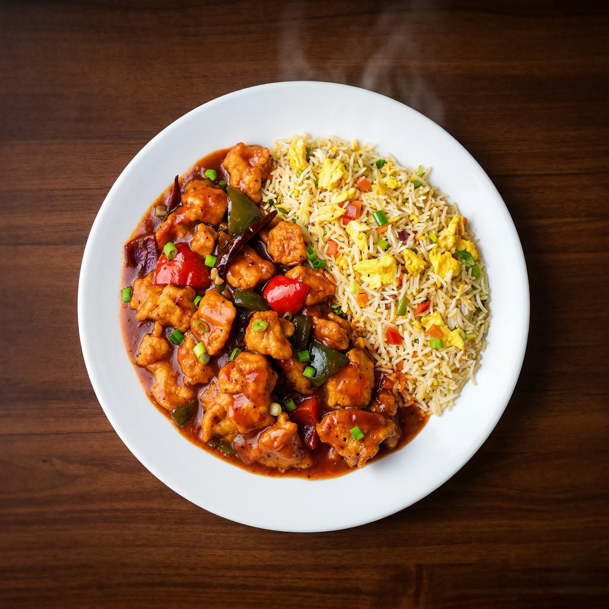 Chicken Manchurian with Fried Rice at The Kolachi Kitchen Downtown Winnipeg — halal Indo-Chinese fusion