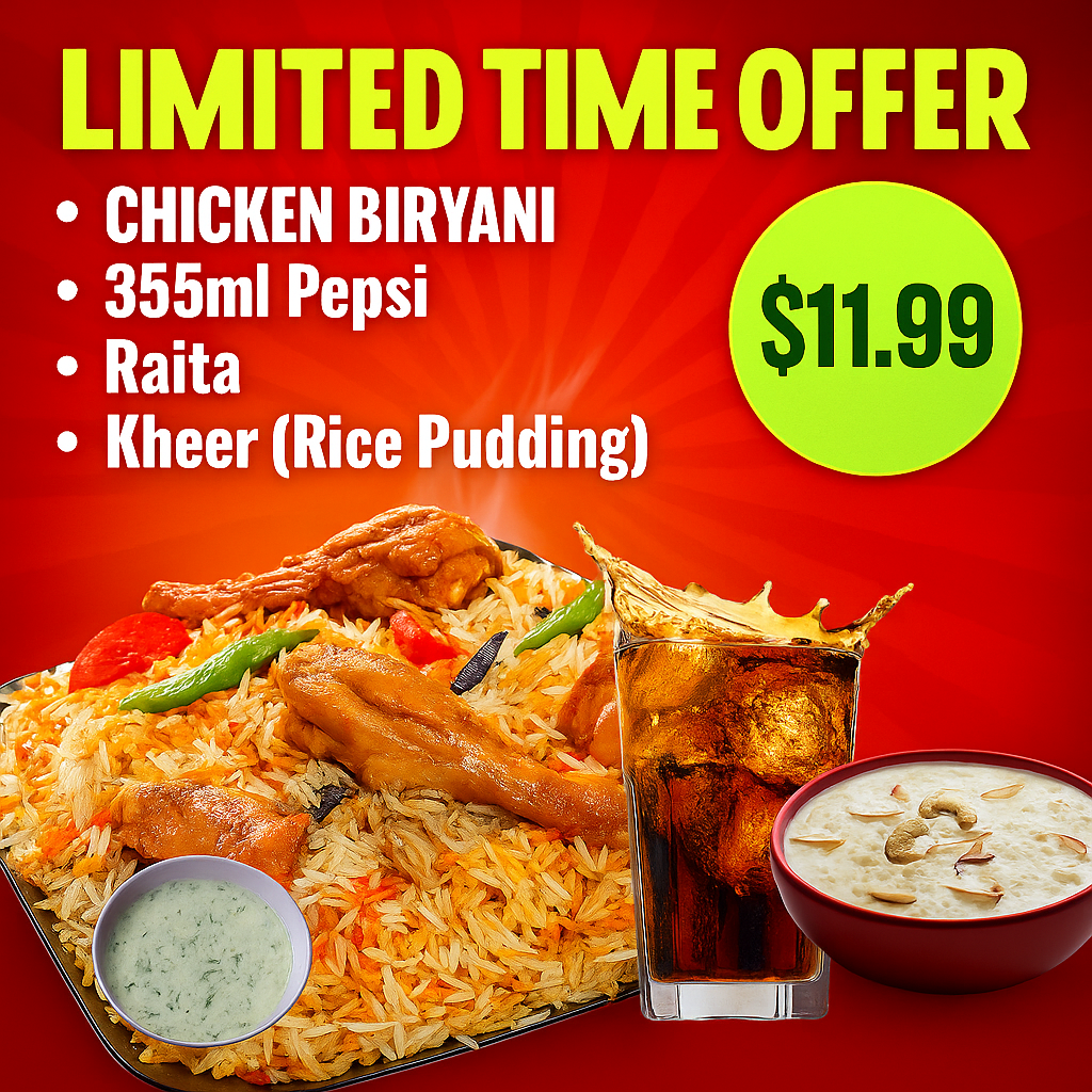 Today Special Chicken Biryani, Raita, Drink & Kheer (Rice Pudding)