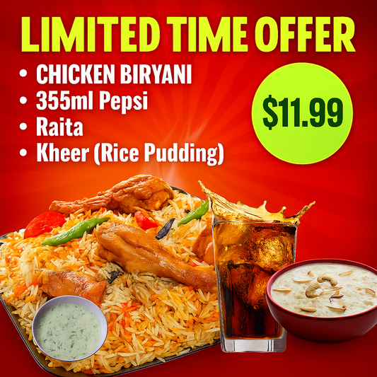 Today Special Chicken Biryani, Raita, Drink & Kheer (Rice Pudding)
